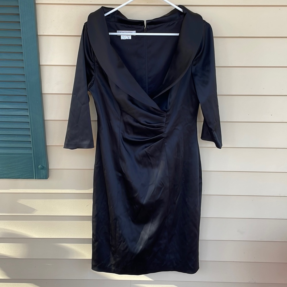 Kay Unger Ruched Black 1/2 Sleeve MIDI Dress with Collar, Size 10